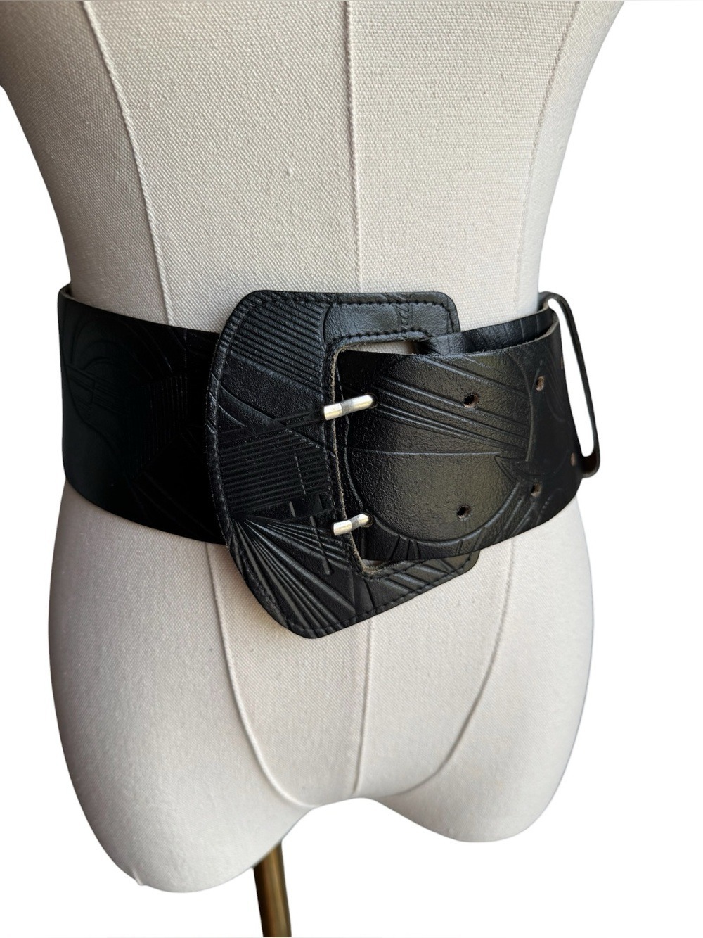 Vintage 80s Wide Black Leather Waist Belt Italian Embossed Geometric Statement